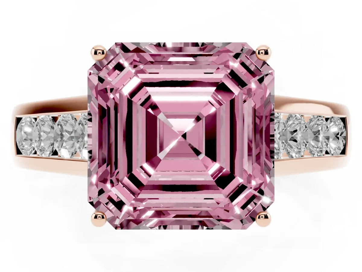 Fancy Pink Asscher Cut Brilliant Channel-Set Solitaire Ring with Four-Prong Setting Rose gold