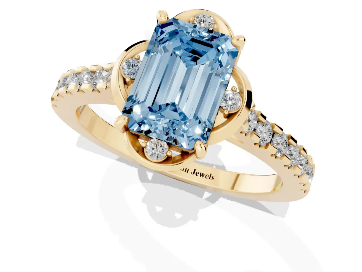 Fancy Blue Emerald Cut Diamond Ring with Pavé Band and Floral Prong Setting Yellow gold