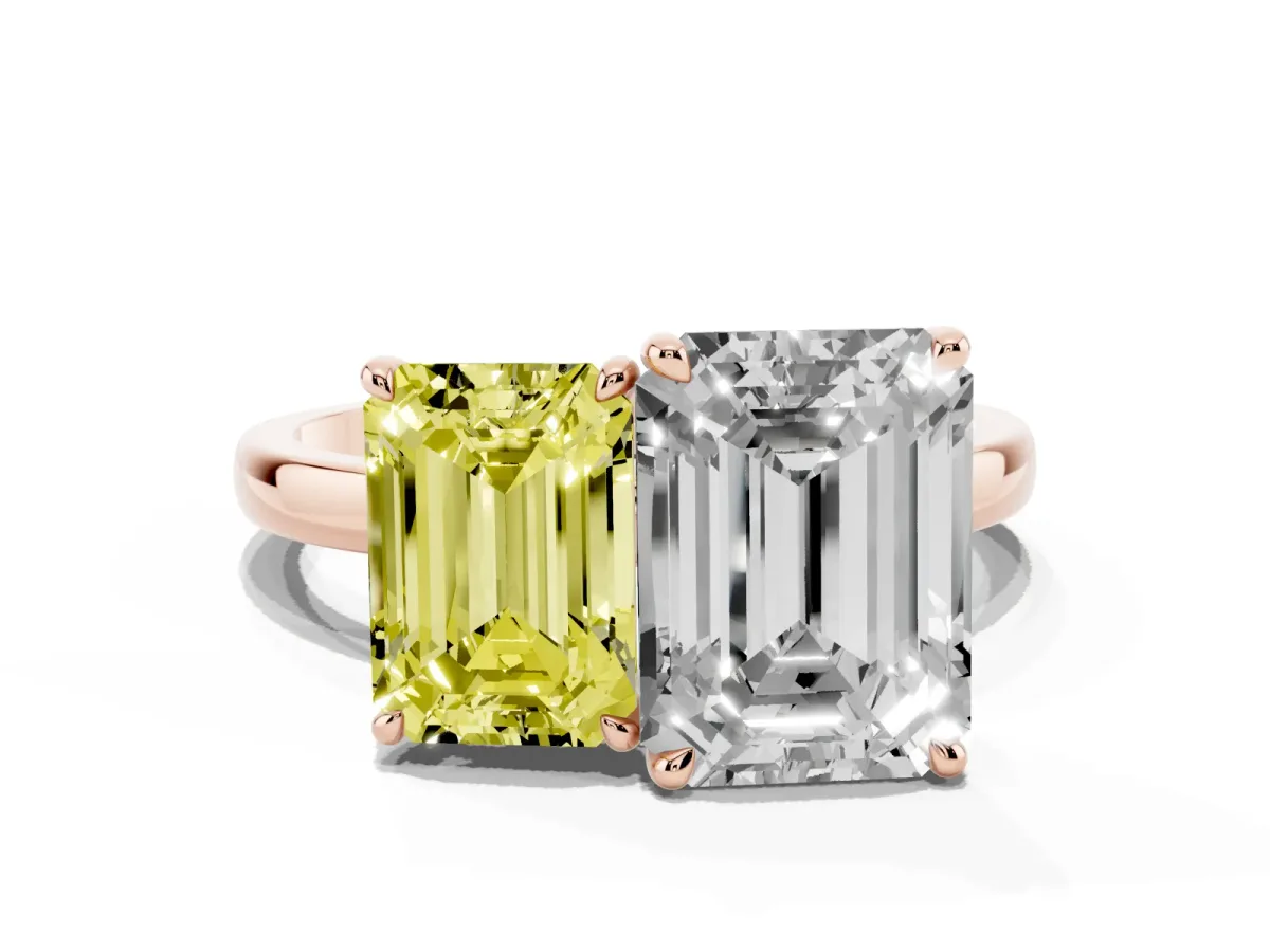 Fancy Yellow Emerald Cut and Emerald Cut Toi Moi Ring with Prong Setting Rose gold