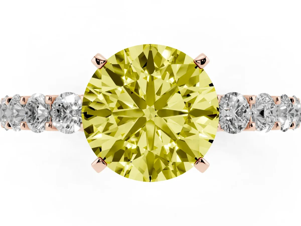 Fancy Yellow Round Cut Diamond Solitaire Ring with Shared Prong Pavé Band and Four-Prong Setting Rose gold