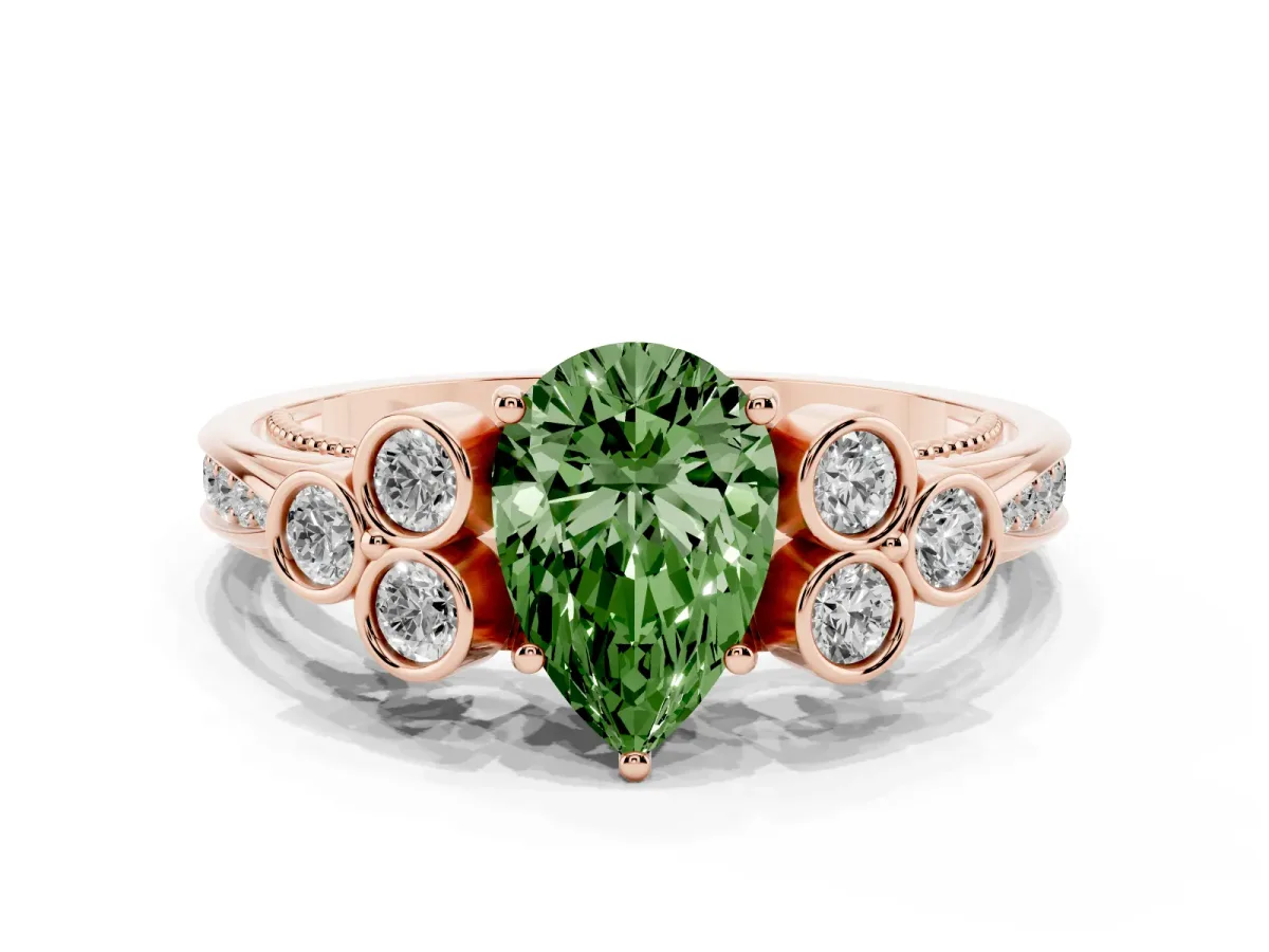 Fancy Green Pear Cut Cut Diamond Engagement Ring with Bezel Set Round Side Stones and Prong Setting Rose gold