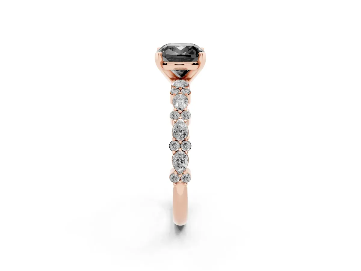 Fancy Black Cushion Cut Diamond Side Stone Solitaire Ring with Round and Four-Prong Setting Rose gold