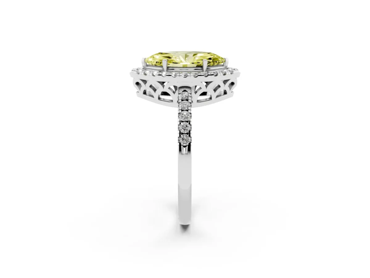 Fancy Yellow Marquise Cut Halo Diamond Engagement Ring with Pavé Band and Four-Prong Setting Silver