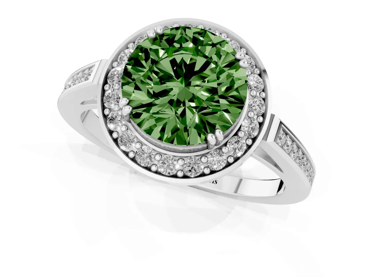 Fancy Green Round Cut Diamond Halo Ring with Split Shank and Four-Prong Setting Silver
