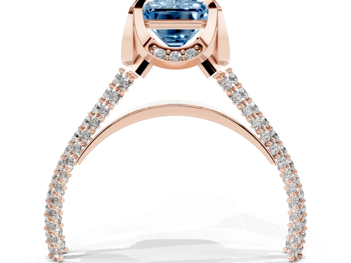 Fancy Blue Emerald Cut Solitaire Pave Split Shank Ring with Four-Prong Setting Rose gold