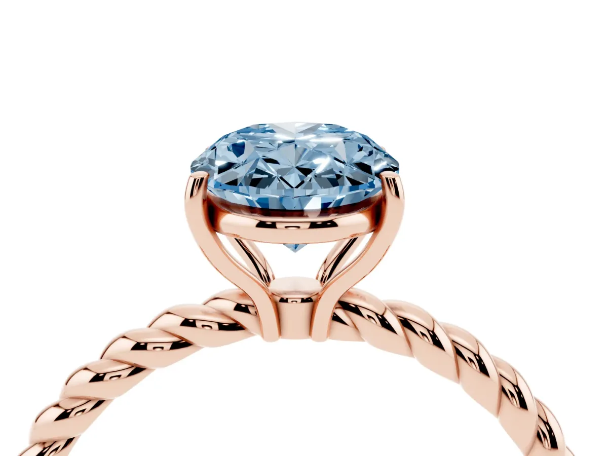 Fancy Blue Oval Cut Solitaire Twist Band Ring with Four-Prong Setting Rose gold