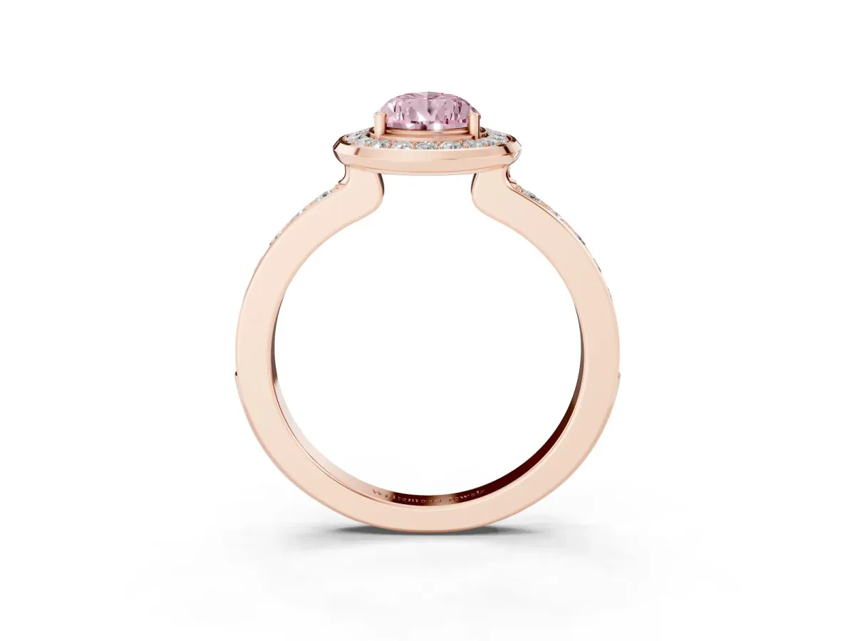 Fancy Pink Pear Cut Diamond Halo Ring with Bezel Frame and Pavé Band Rose gold