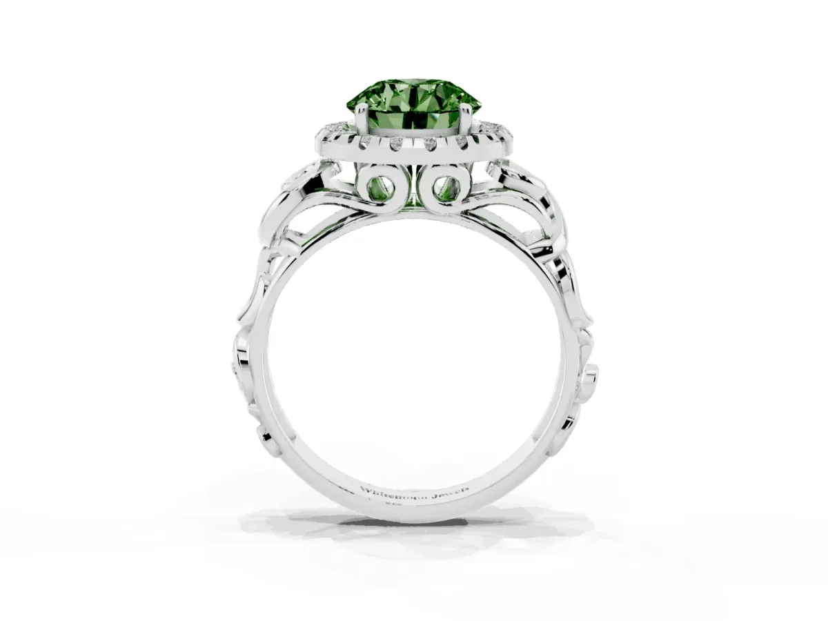 Fancy Green Round Cut Cut Halo Diamond Ring with Scrollwork Band and Four-Prong Setting Silver