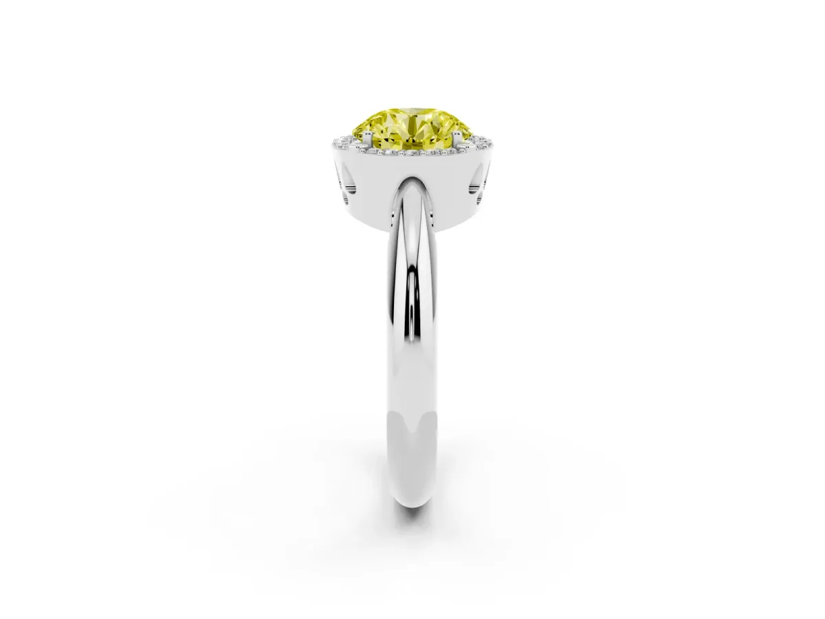 Fancy Yellow Round Cut Cut Diamond Halo Engagement Ring with Split Shank and Four-Prong Setting Silver