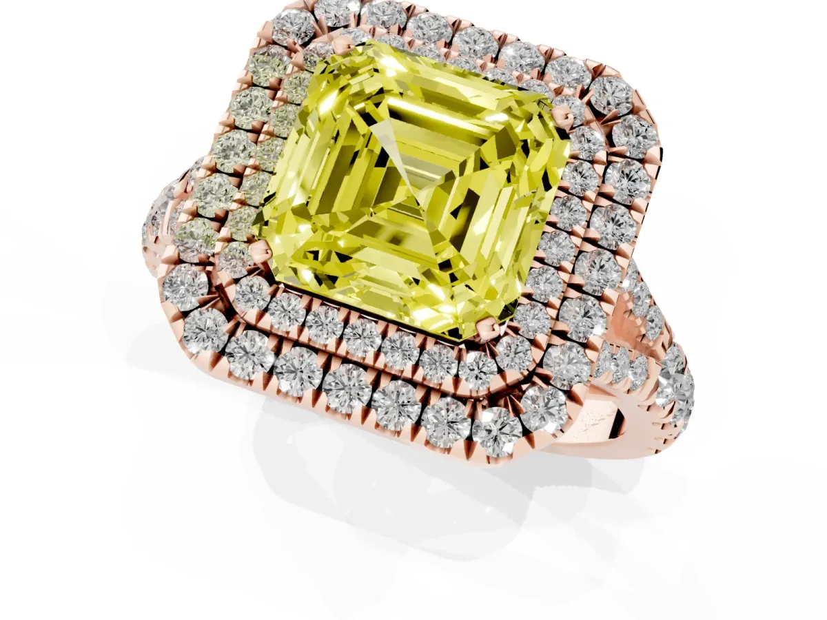 Fancy Yellow Asscher Cut Cut Double Halo Split Shank Diamond Ring with Prong Setting Rose gold