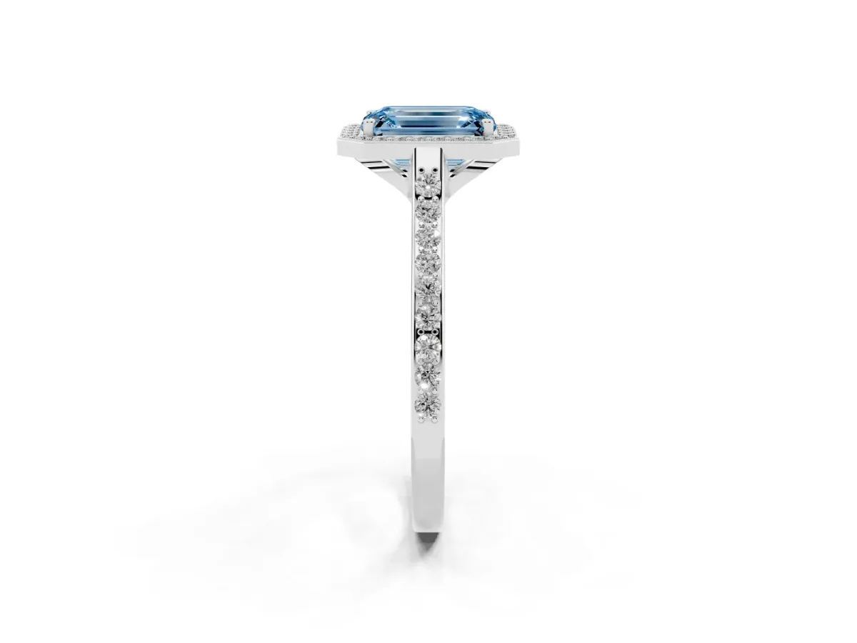 Fancy Blue Emerald Cut Diamond Halo Engagement Ring with Round Pavé Shoulders and Prong Setting Platinum