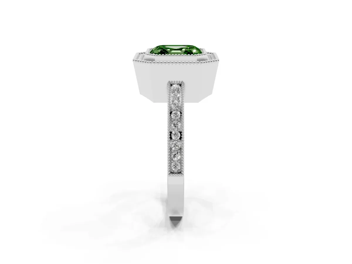 Fancy Green Asscher Cut Cut Halo Diamond Ring with Pavé Band and Milgrain Prong Setting Silver