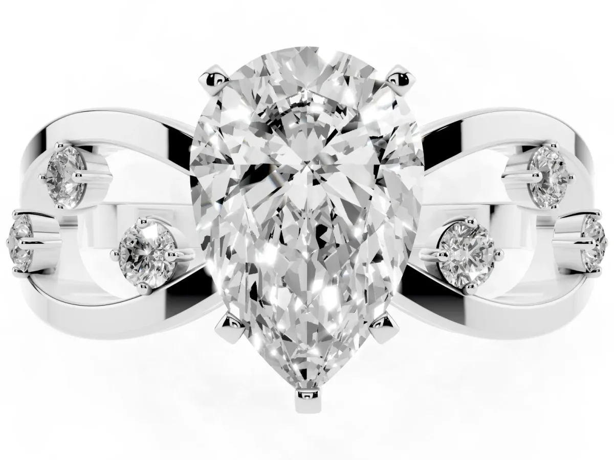 Pear Cut Cut Solitaire Diamond with Side Stones on Criss-Cross Band and Four-Prong Setting Silver