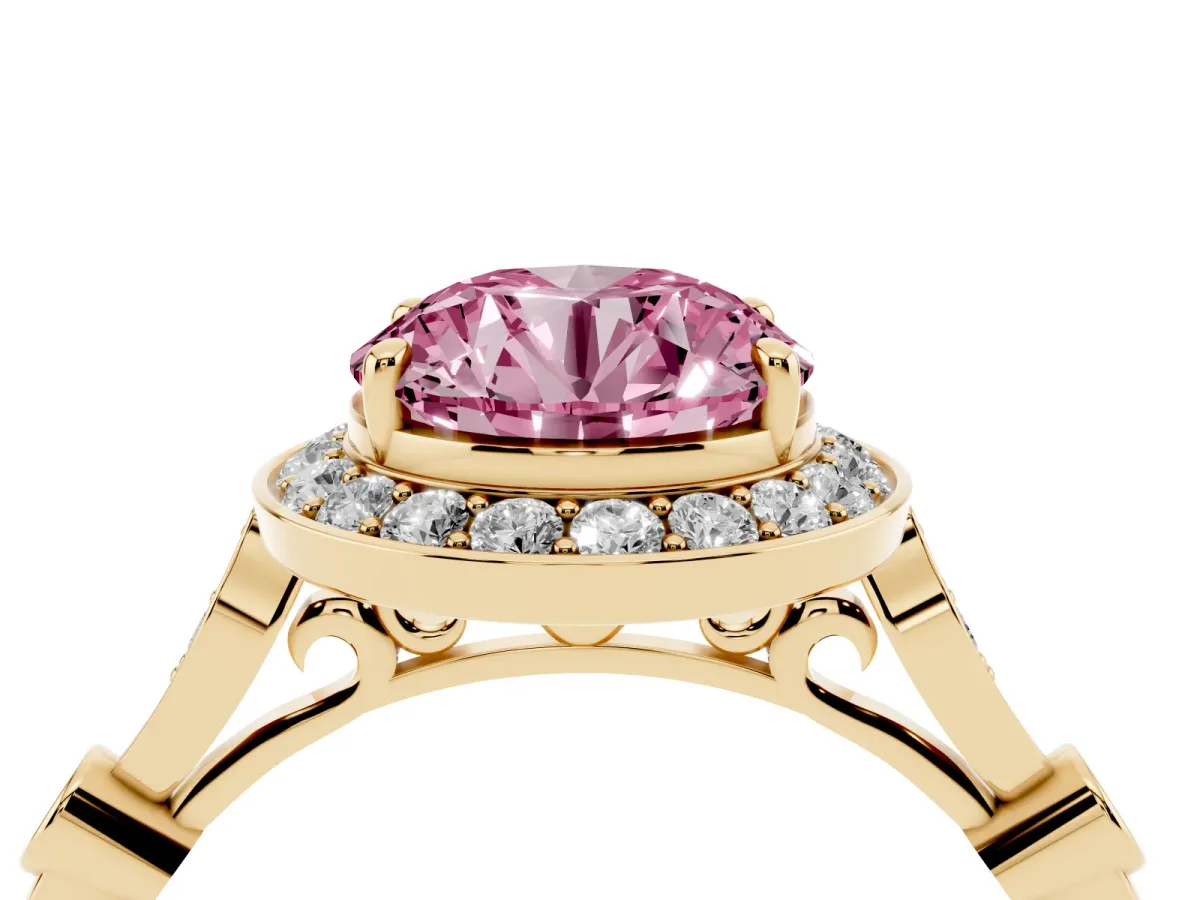Fancy Pink Round Cut Halo Diamond Engagement Ring with Twisted Band and Four-Prong Setting Yellow gold