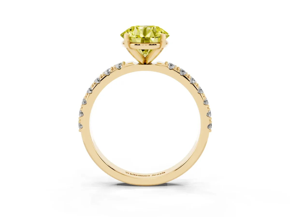Fancy Yellow Round Cut Diamond Solitaire Pavé Band with Four-Prong Setting Yellow gold