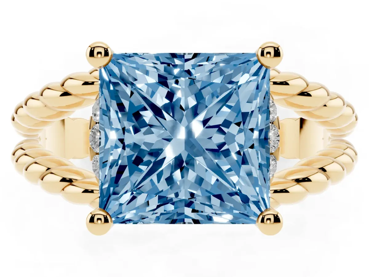 Fancy Blue Princess Cut Halo Twisted Band Four-Prong Ring Yellow gold