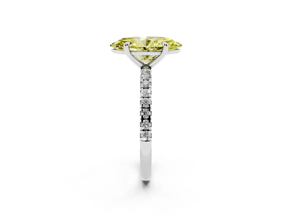 Fancy Yellow Marquise Cut Diamond Brilliant Solitaire Ring with Pavé Band and Four-Prong Setting Platinum