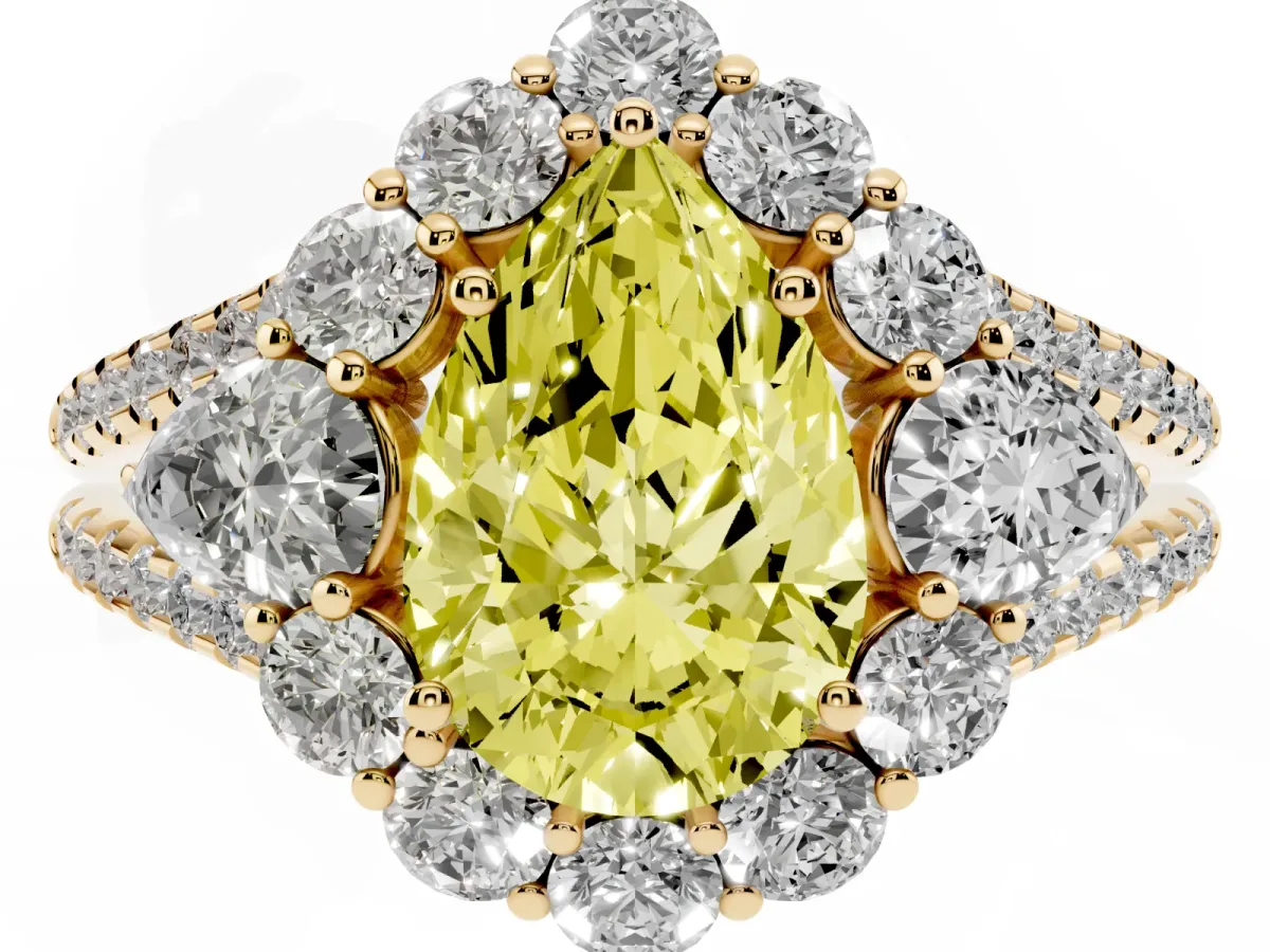 Fancy Yellow Pear Cut Halo Split Shank Diamond Engagement Ring with Prong Setting Yellow gold