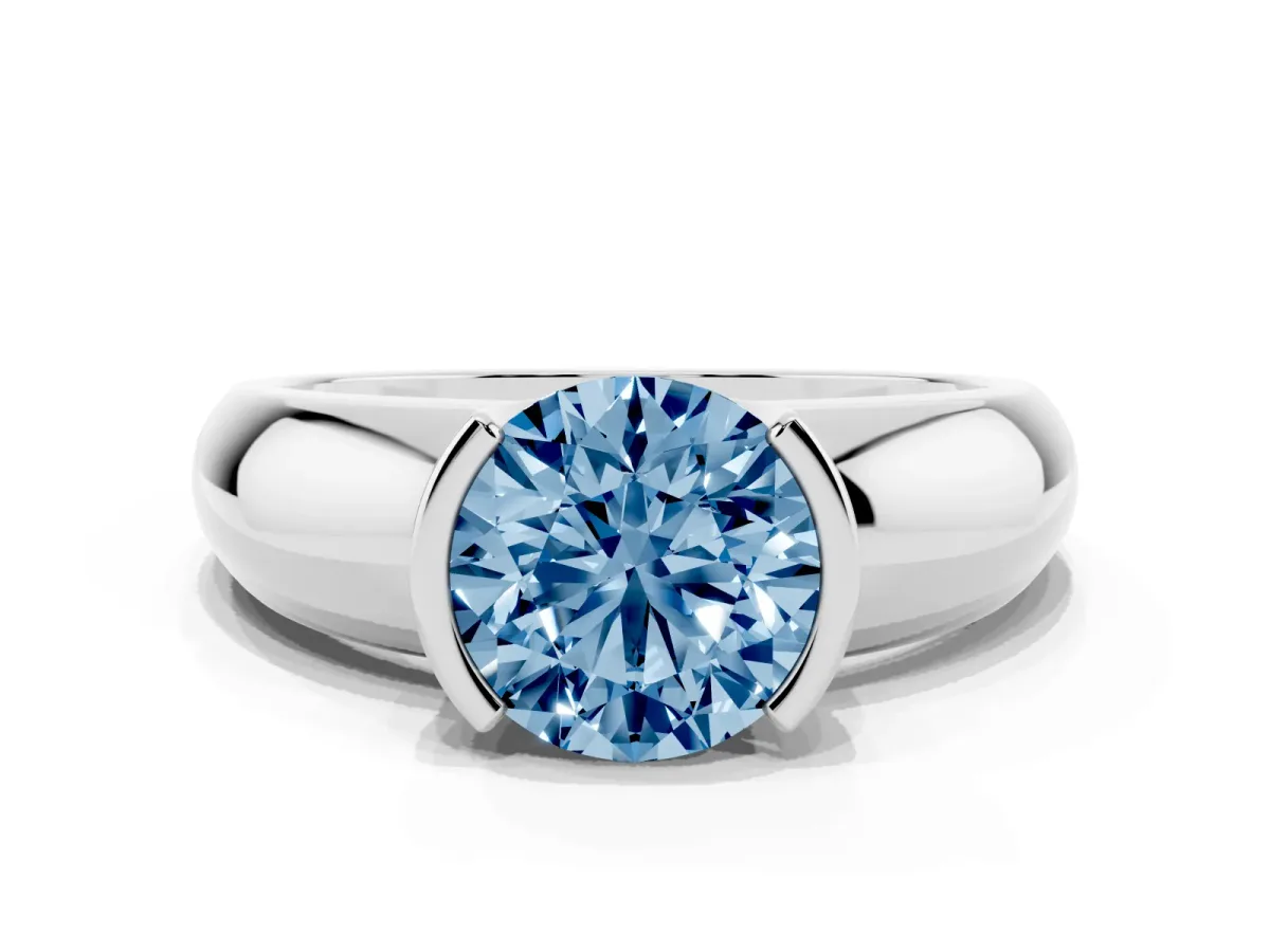 Fancy Blue Round Cut Solitaire Tension Set Diamond Ring with Wide Band Silver