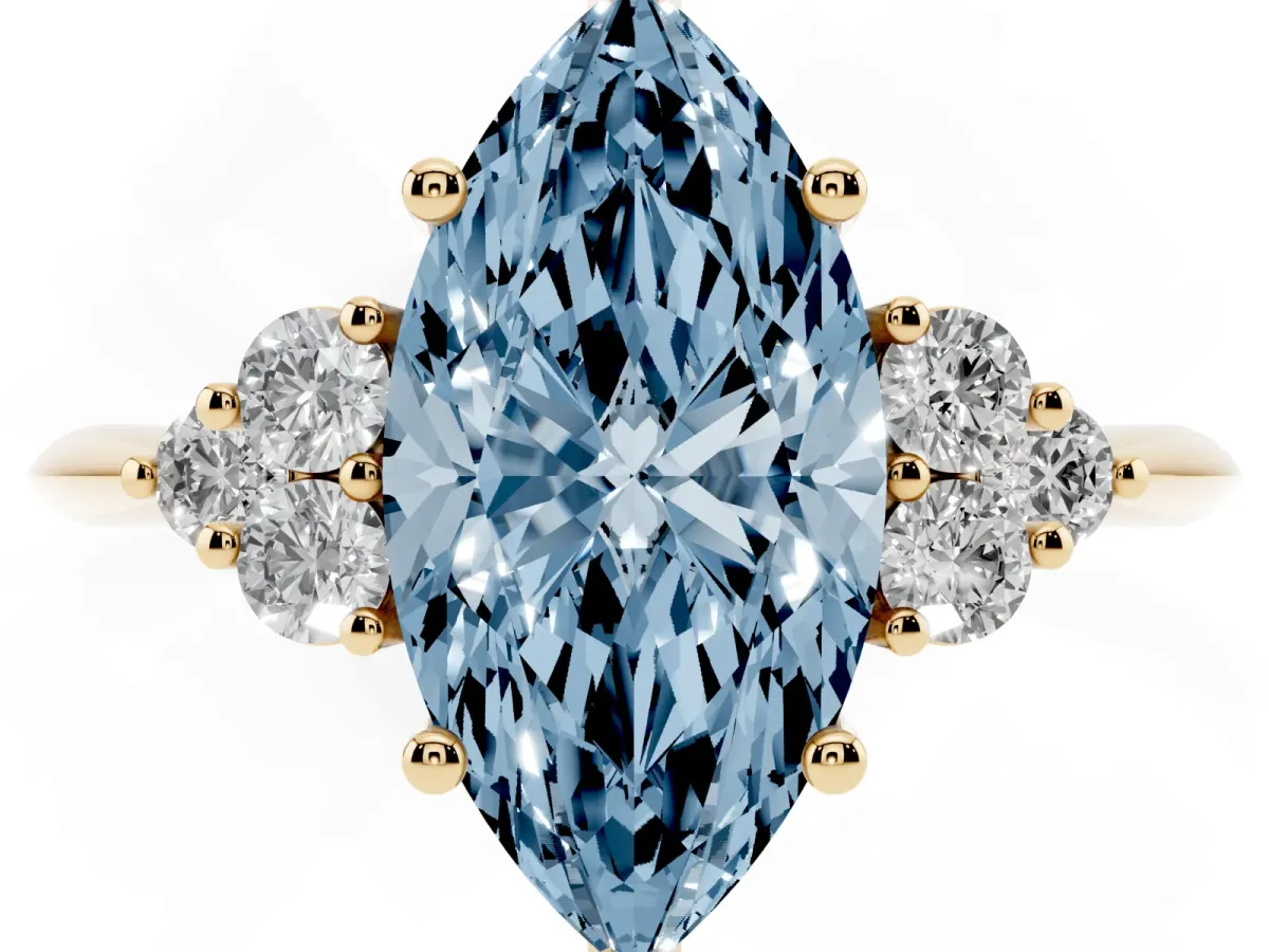 Fancy Blue Marquise Cut Cut Diamond Cluster Ring with Solitaire Band and Four-Prong Setting Yellow gold