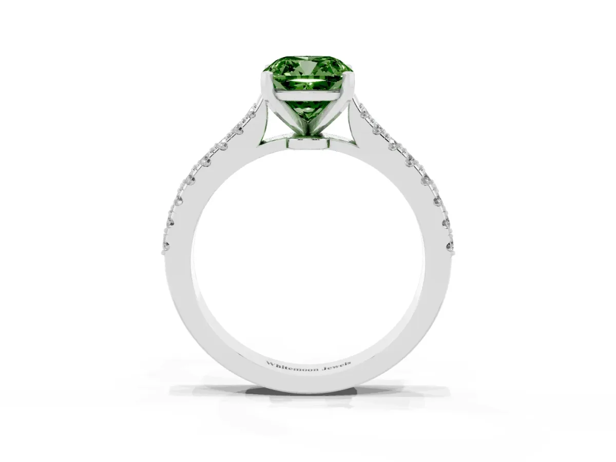 Fancy Green Cushion Cut Cut Solitaire Diamond Engagement Ring with Pave Band and Four-Prong Setting Platinum