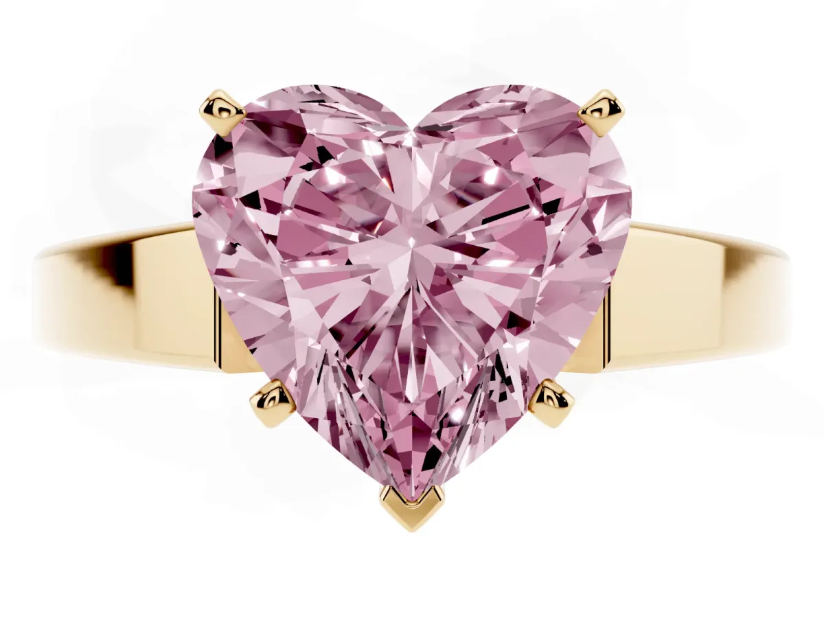 Fancy Pink Heart Cut Solitaire Engagement Ring with Four-Prong Setting and Tapered Band Yellow gold