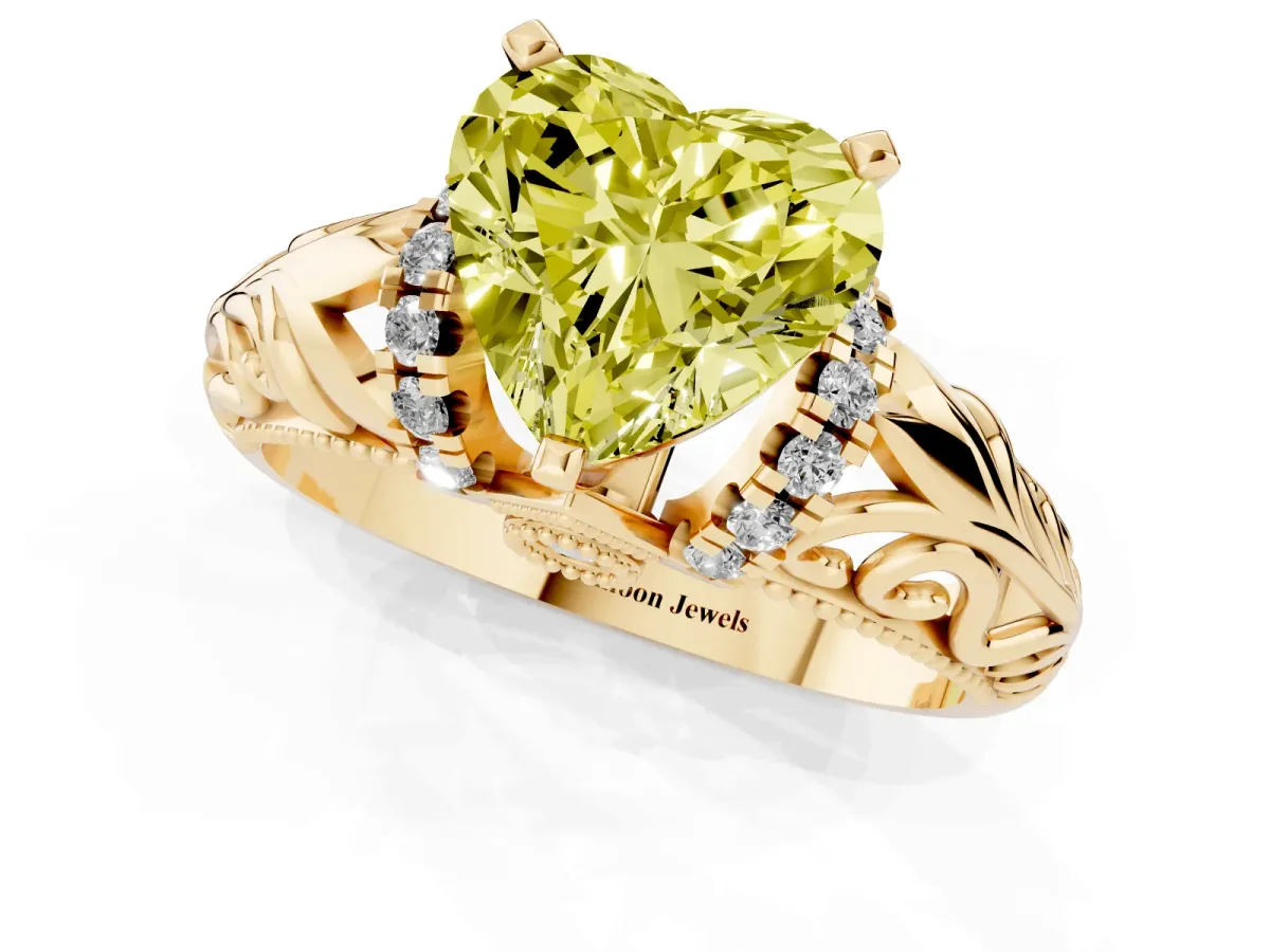 Fancy Yellow Heart Cut Solitaire Filigree Engagement Ring with Halo and Prong Setting Yellow gold