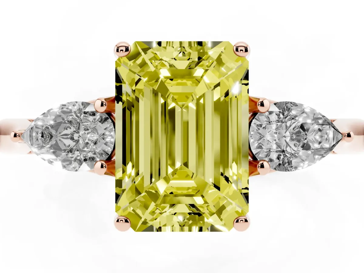 Fancy Yellow Emerald Cut Diamond Three-Stone Ring with Pear Side Stones and Prong Setting Rose gold
