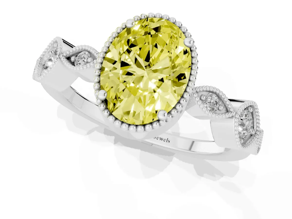 Fancy Yellow Oval Cut Diamond Vintage Milgrain Ring with Round Stations Silver