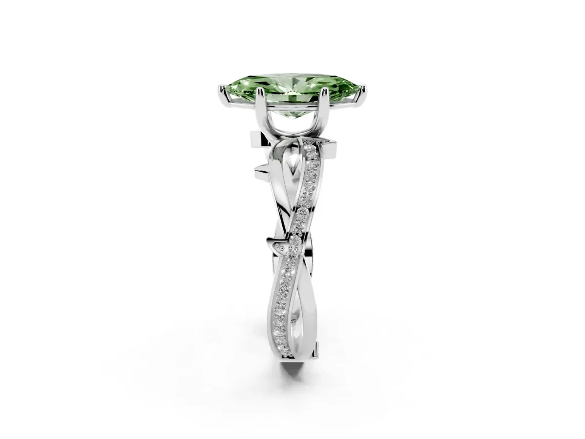 Fancy Green Marquise Cut Solitaire Twist Band with Pavé Accents and Four-Prong Setting White gold