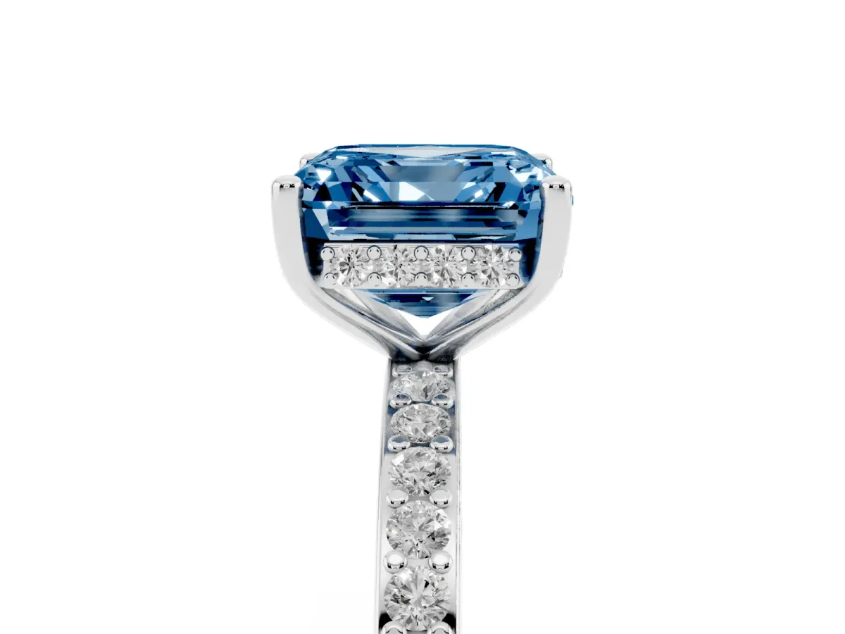 Fancy Blue Asscher Cut Cut Diamond Pavé Band Ring with Four-Prong Setting Silver