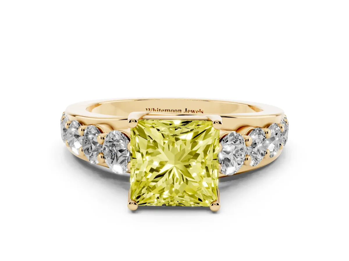 Fancy Yellow Princess Cut Diamond Engagement Ring with Pavé Band and Four-Prong Setting Yellow gold