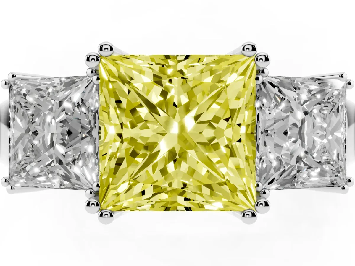 Fancy Yellow Three-Stone Princess Cut Cut Diamond Ring with Channel Set Band and Four-Prong Setting White gold