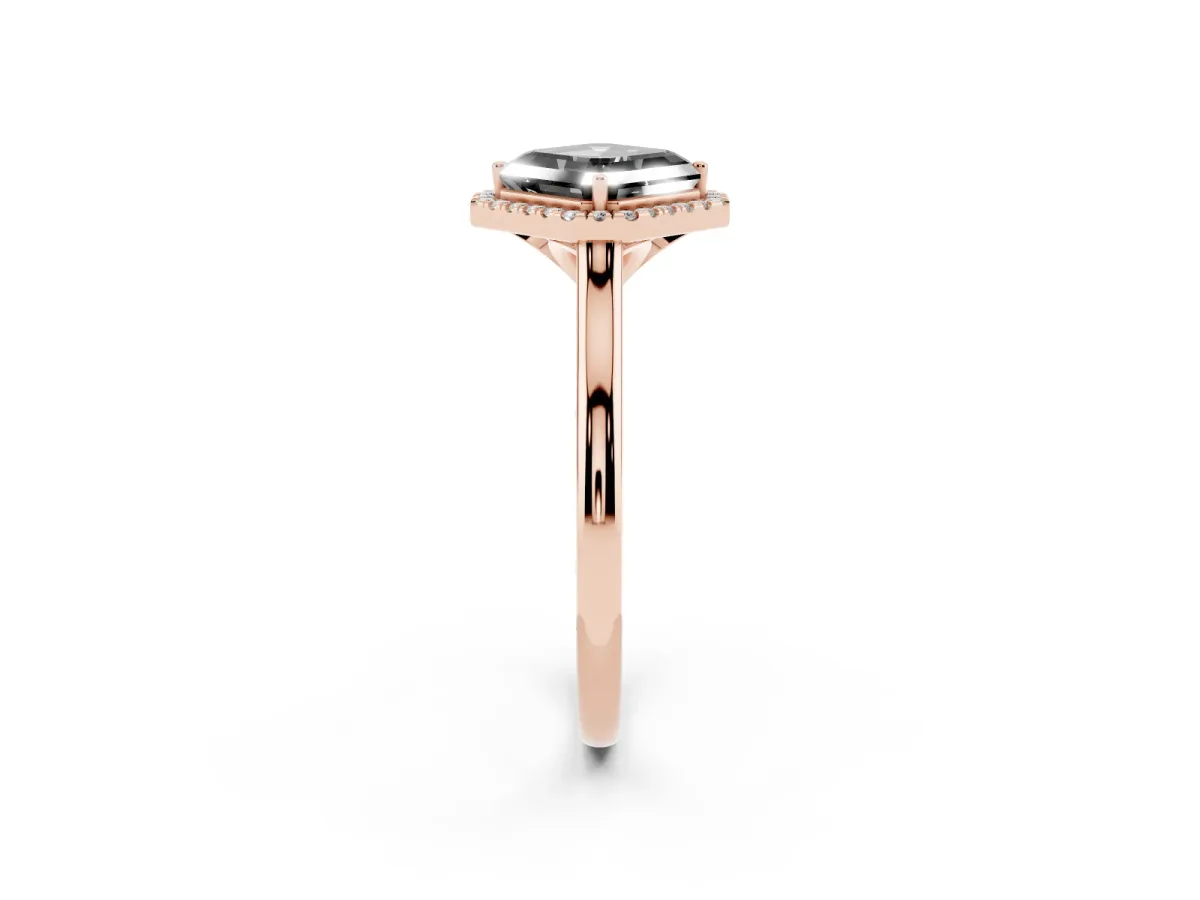 Fancy Black Asscher Cut Halo Round Diamond Solitaire Engagement Ring with Pave Band and Four-Prong Setting Rose gold