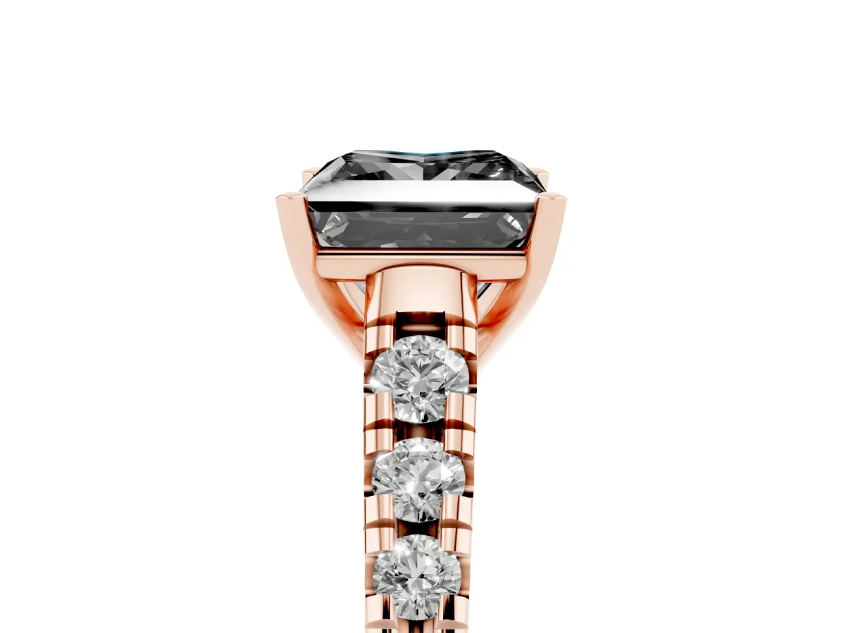 Fancy Black Princess Cut Diamond Cathedral Solitaire Ring with Round Pavé Band Rose gold