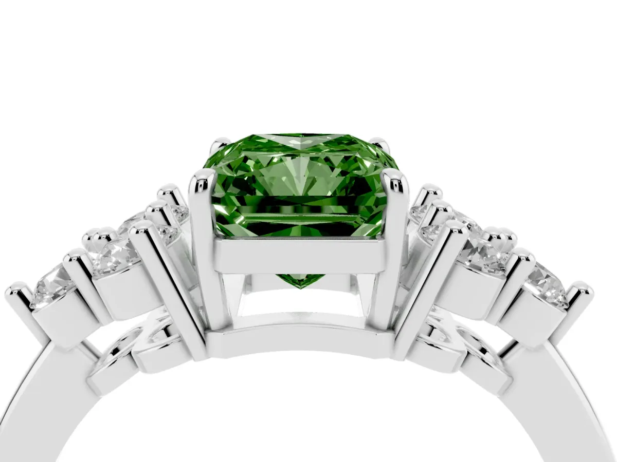 Fancy Green Radiant Cut Brilliant Diamond Cluster Accent Solitaire Ring with Prong Setting Platinum