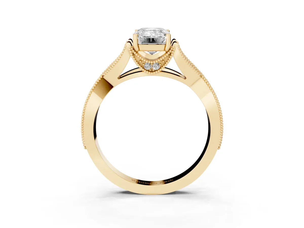 Emerald Cut Cut Diamond Twisted Band with Milgrain Pave Setting and Four-Prong Setting Yellow gold