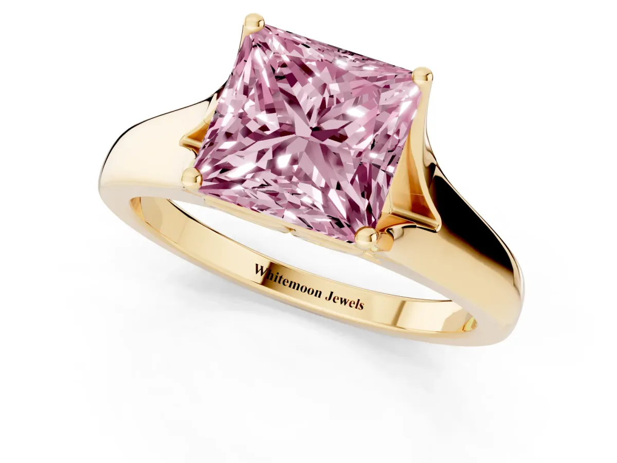 Fancy Pink Princess Cut Solitaire Diamond Ring with Cathedral Band and Four-Prong Setting Yellow gold