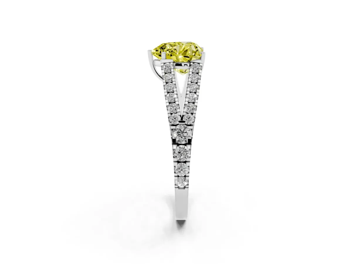 Fancy Yellow Heart Cut Diamond Split Shank Engagement Ring with Round Pavé and Prong Setting Silver