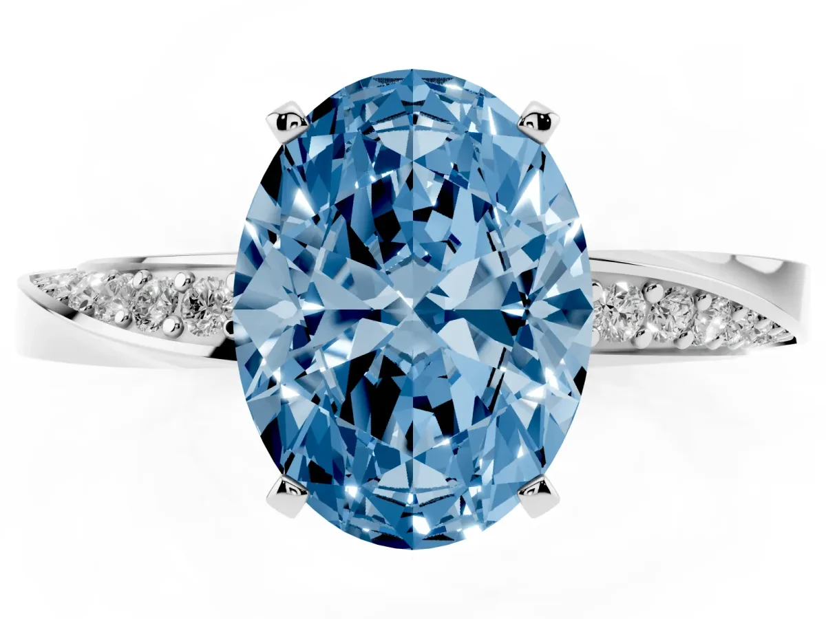 Fancy Blue Oval Cut Diamond Engagement Ring with Side Stone Accents and Four-Prong Setting Silver