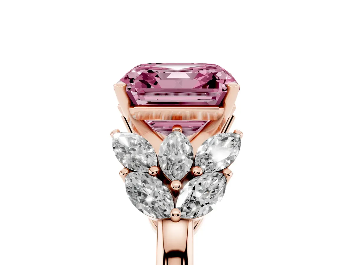 Fancy Pink Asscher Cut Diamond Cluster Leaf Design Ring with Prong Setting Rose gold