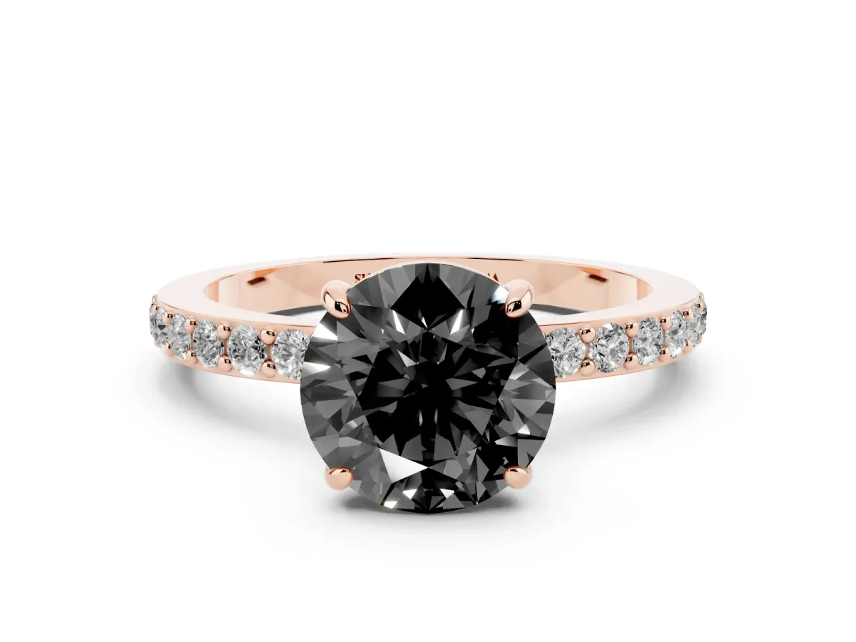 Fancy Black Round Cut Diamond Pavé Engagement Ring with Round Accents and Prong Setting Rose gold