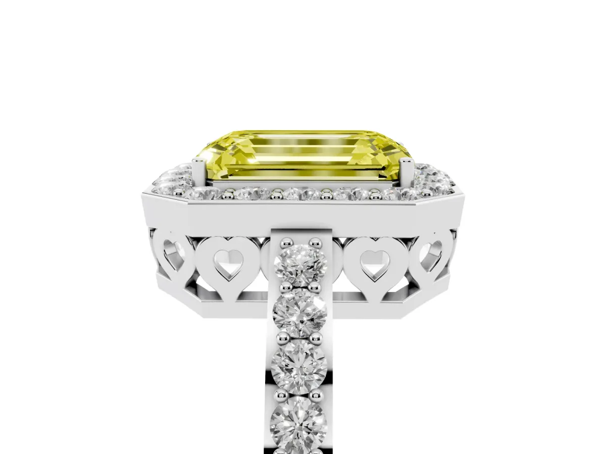 Fancy Yellow Emerald Cut Halo Diamond Pavé Band Ring with Prong Setting Silver