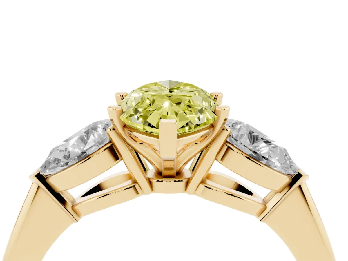 Fancy Yellow Three-Stone Marquise Cut Diamond Ring with Pear Side Stones and Four-Prong Setting Yellow gold