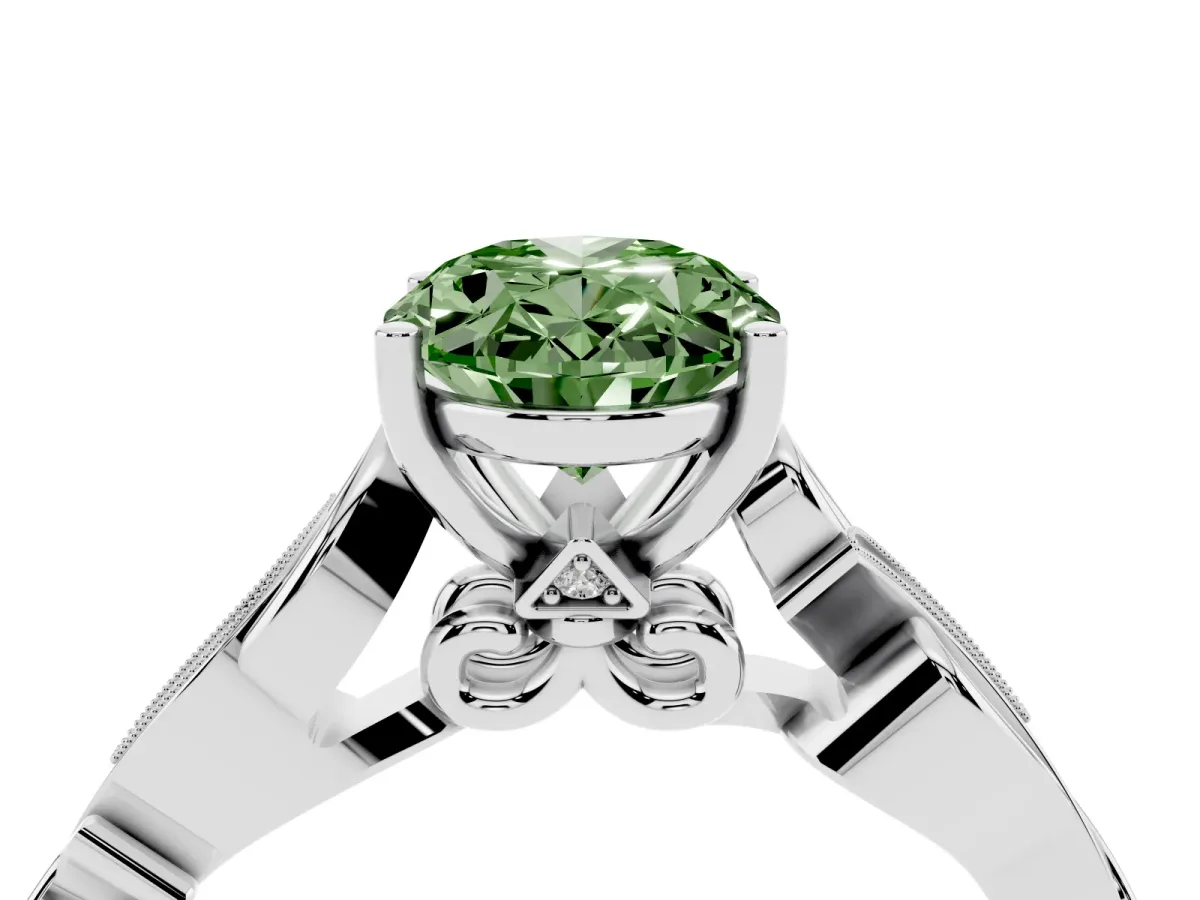 Fancy Green Oval Cut Solitaire Vine Band with Milgrain Prong Setting Silver