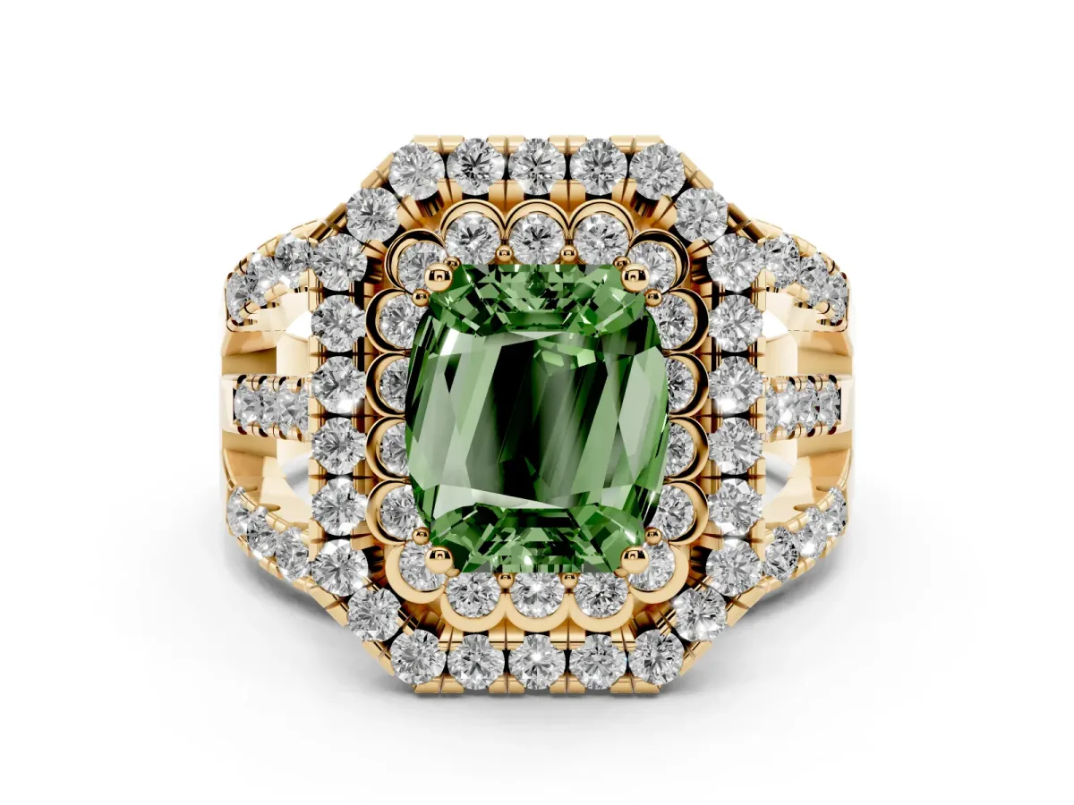 Fancy Green Emerald Cut Diamond Double Halo Ring with Round Pavé Split Shank and Prong Setting Yellow gold