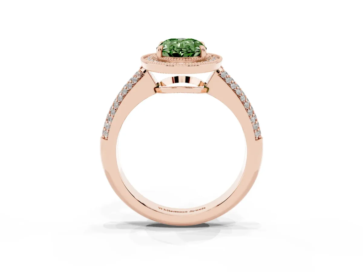 Fancy Green Oval Cut Cut Halo Diamond Pave Band with Four-Prong Setting Rose gold