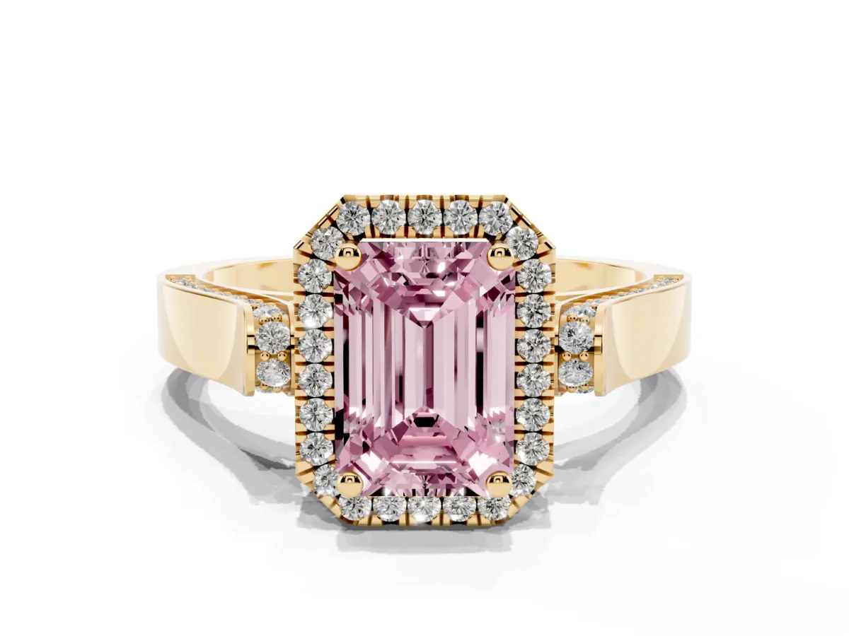Fancy Pink Emerald Cut Halo Round Diamond Twist Band with Four-Prong Setting Yellow gold