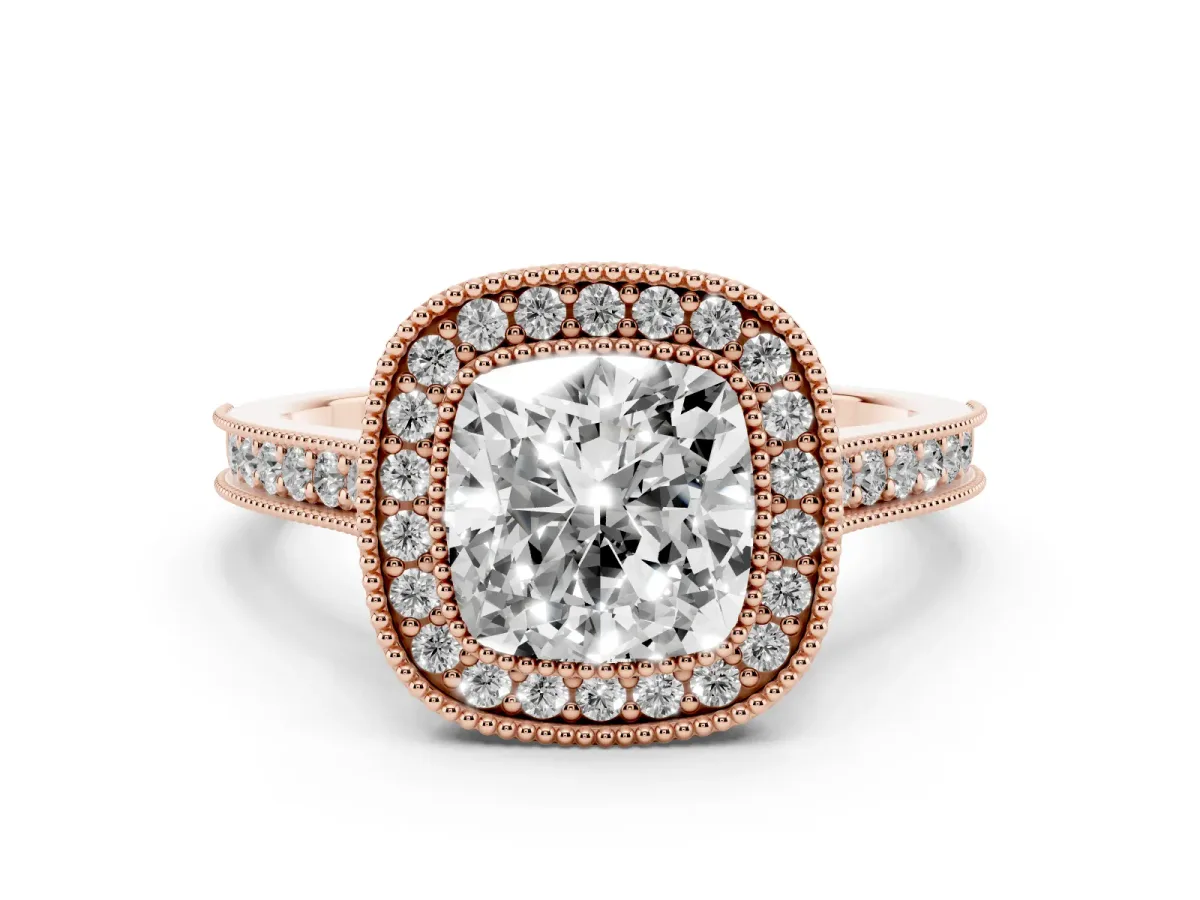 Halo Cushion Cut-Cut Diamond Pave Band Milgrain Prong Setting Ring Rose gold