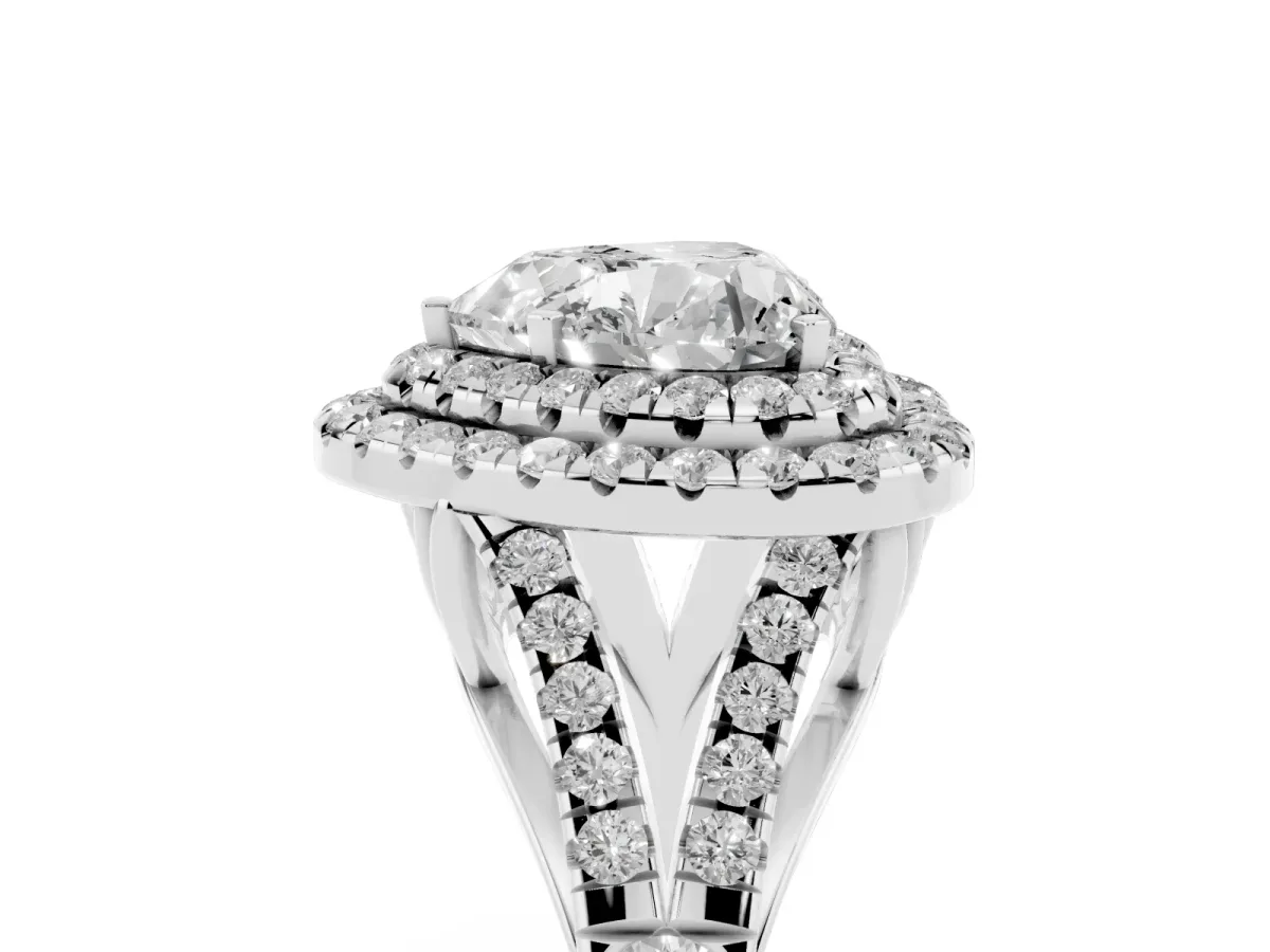 Heart Cut Cut Double Halo Split Shank Diamond Ring with Prong Setting Silver